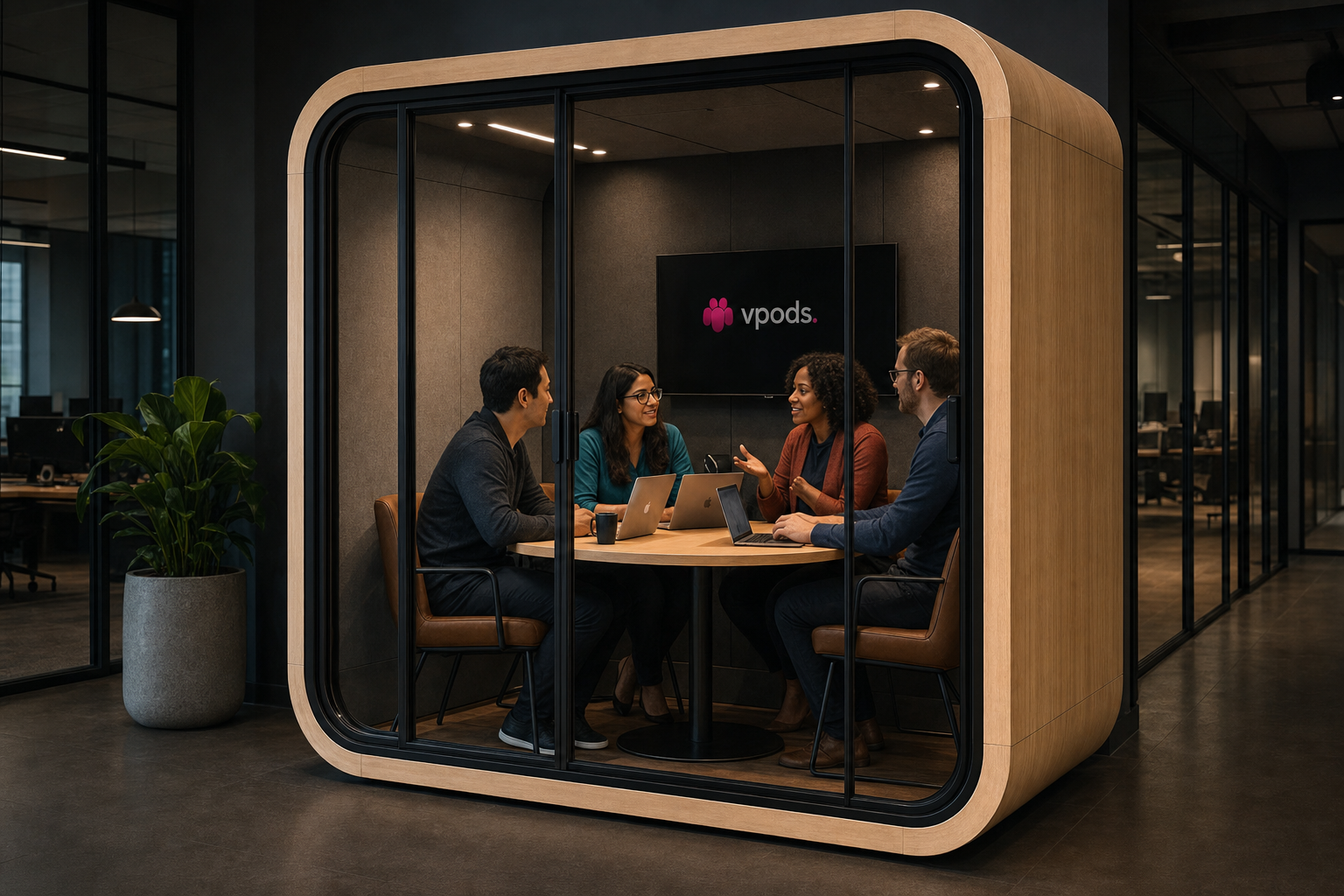 A software team collaborating inside a glass meeting pod, laptops open around a round table