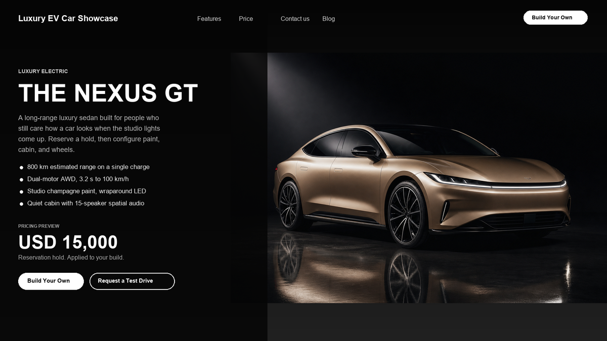 Nexus GT landing page preview with navigation, copy, and configurator