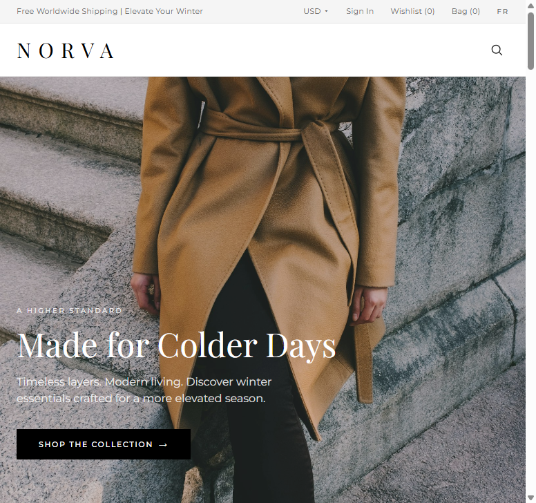 NORVA hero — wrap coat editorial with Made for Colder Days